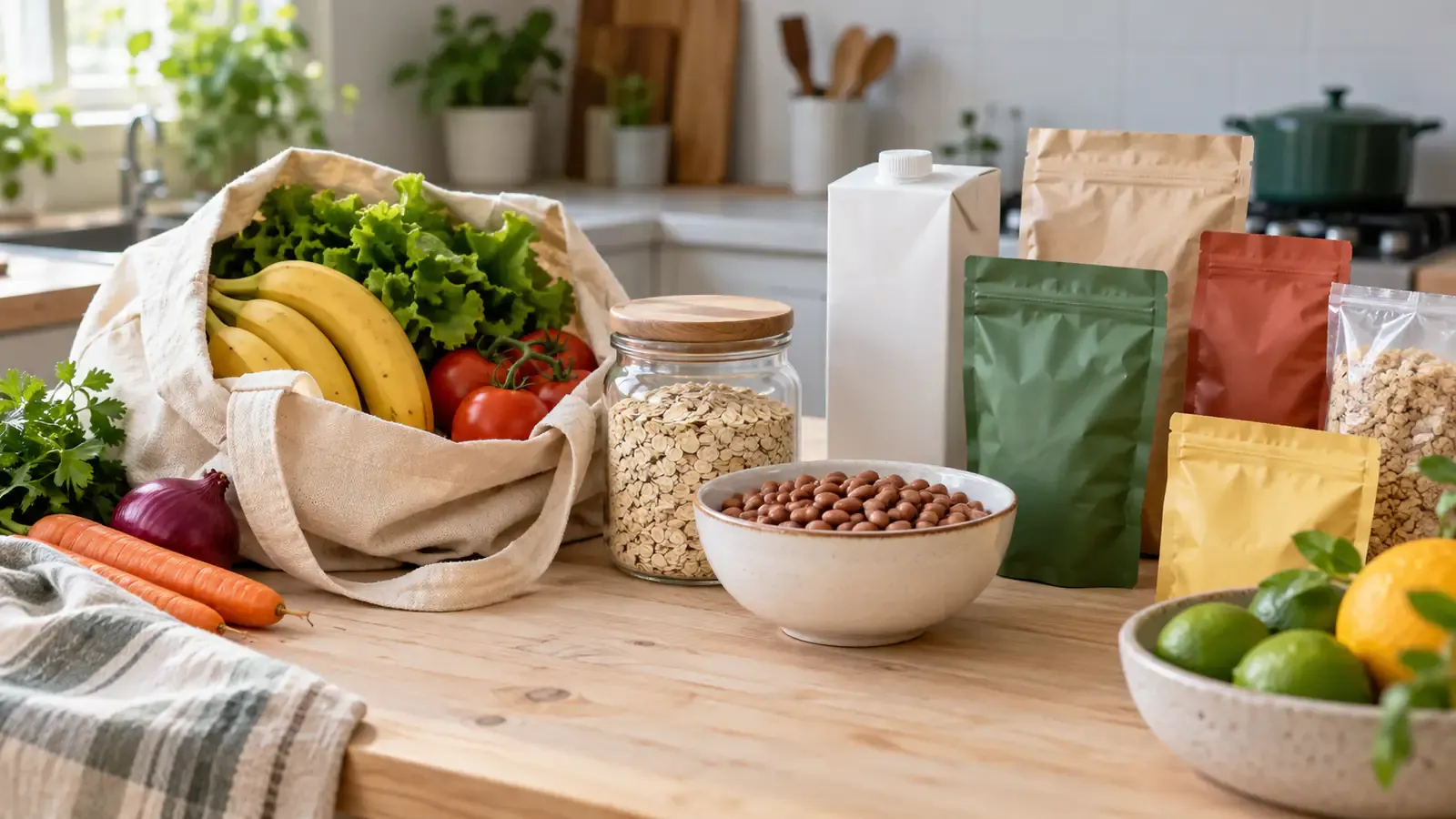 Sacola com alimentos frescos ao lado de embalagens sem rótulo, aveia e feijão sobre bancada de cozinha.
