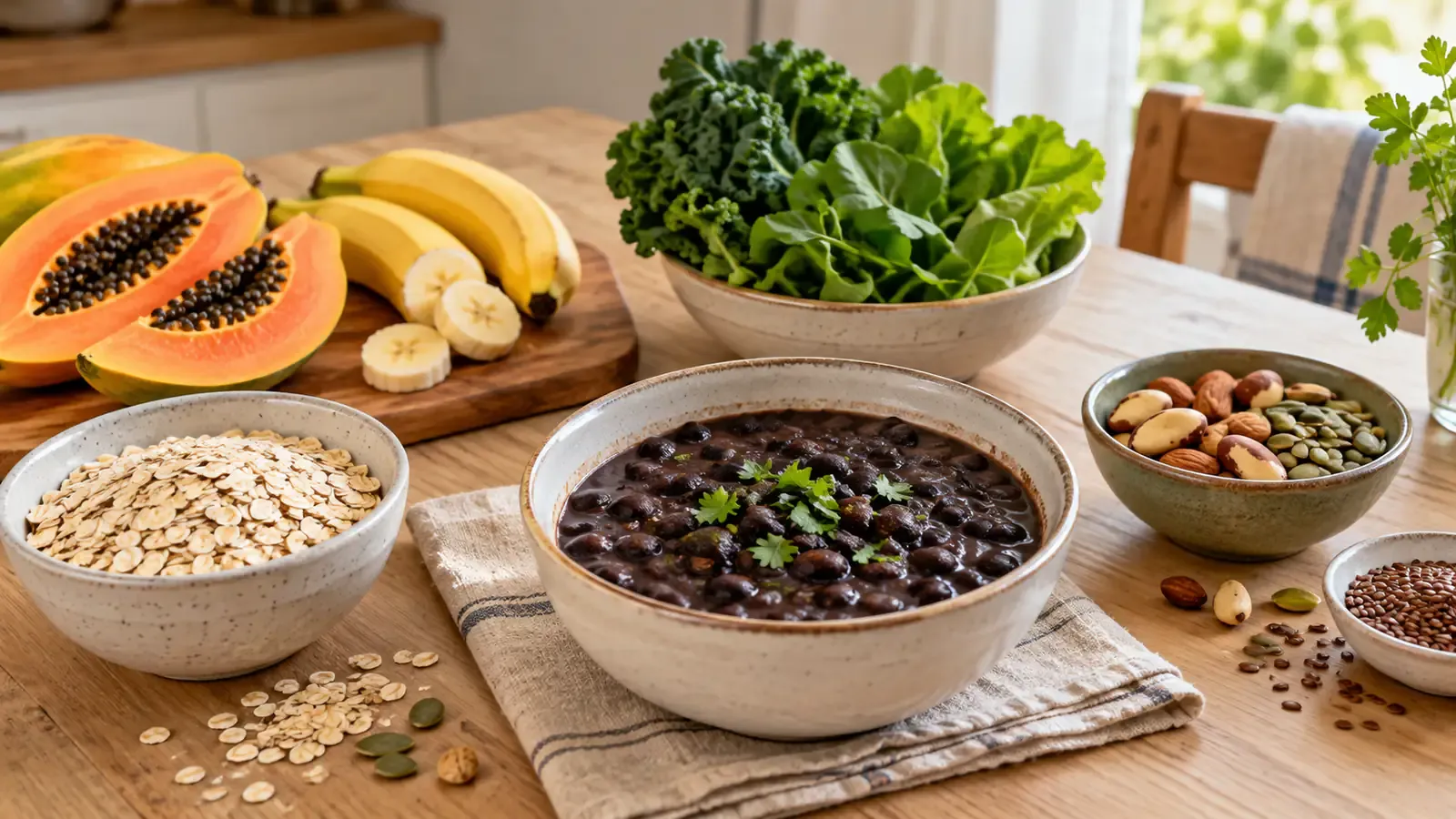 Mesa de cozinha com feijão, aveia, mamão, banana, folhas verdes e sementes em tigelas de cerâmica.