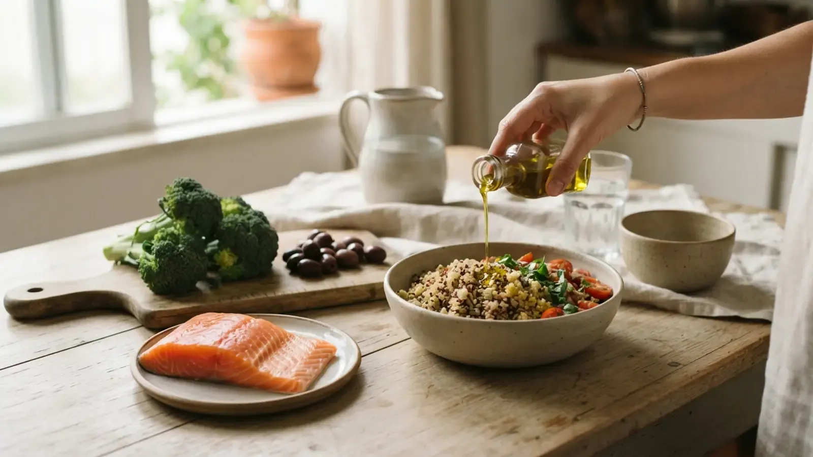 Mesa com ingredientes frescos como salmão, azeite, brócolis e grãos integrais, focada em comida natural.