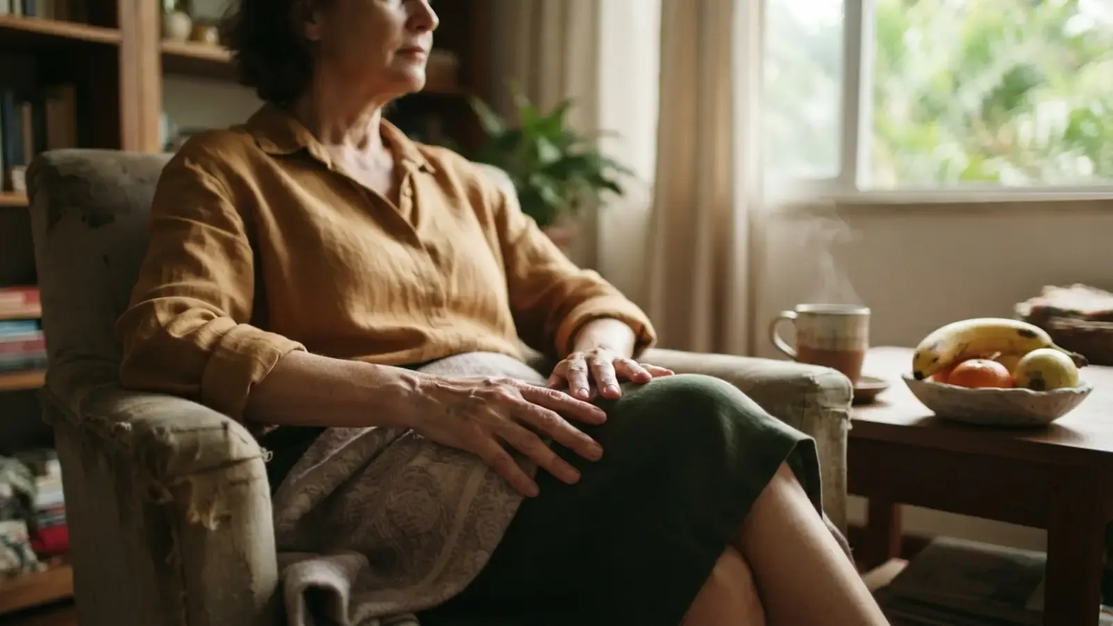 Pessoa de meia-idade sentada em poltrona, com mãos sobre os joelhos, em ambiente iluminado e acolhedor.