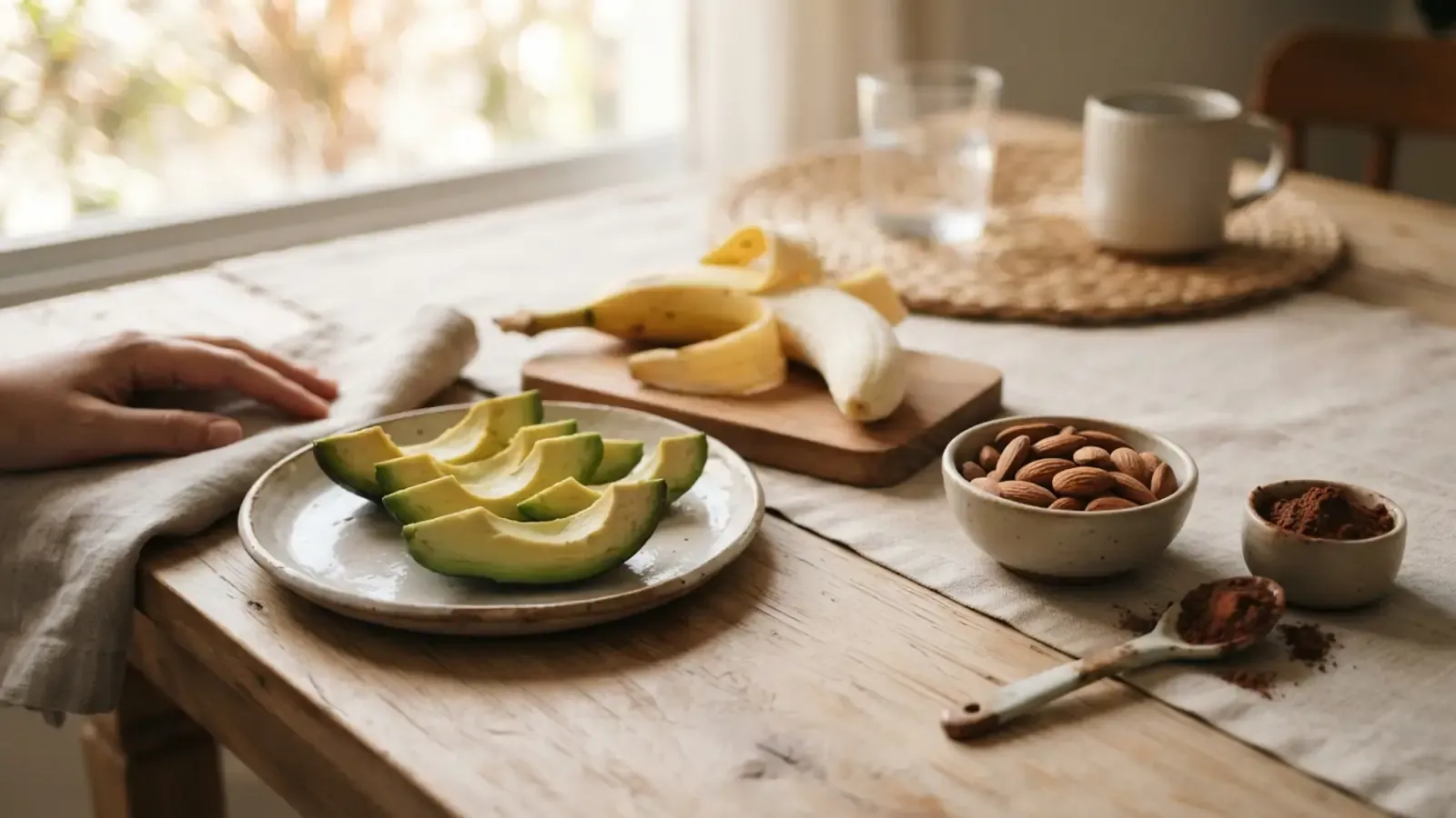 Fatias de abacate, uma banana e amêndoas dispostas sobre uma mesa de madeira sob luz natural.