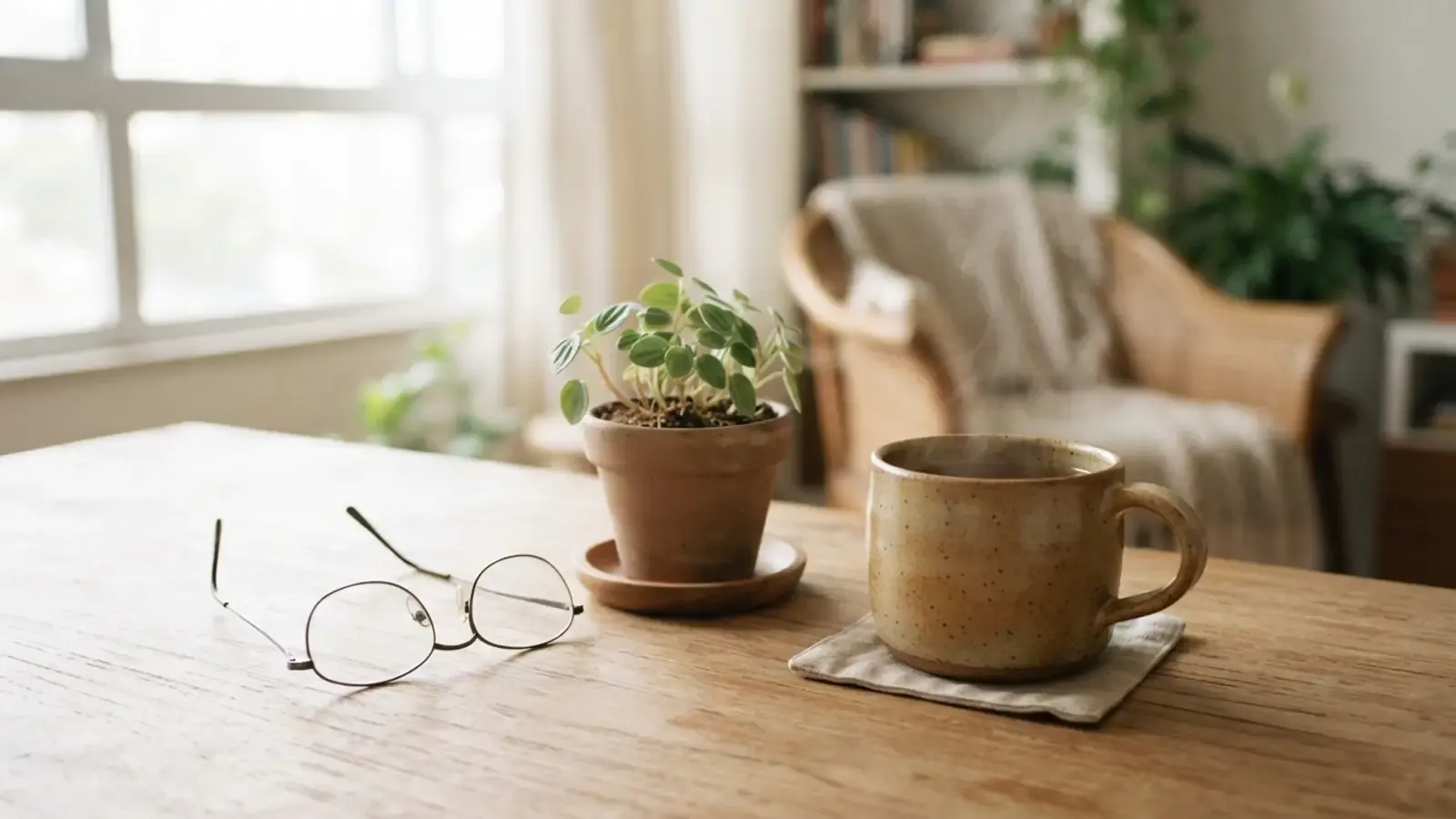 Mesa de madeira com óculos, planta e xícara de chá em luz natural, representando um momento de autocuidado.