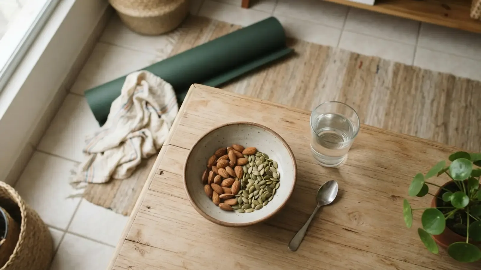 Alimentos ricos em magnésio, um copo com água e um tapete de yoga sobre uma mesa de madeira.