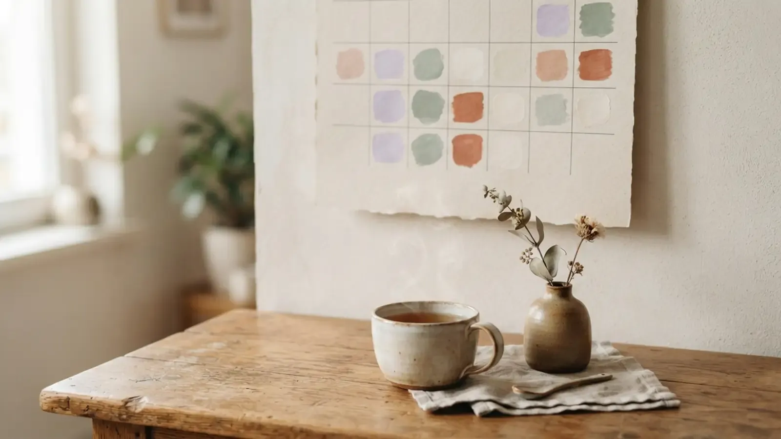 Calendário sobre mesa de madeira com chá e flor, simbolizando acompanhamento do ciclo menstrual na perimenopausa.