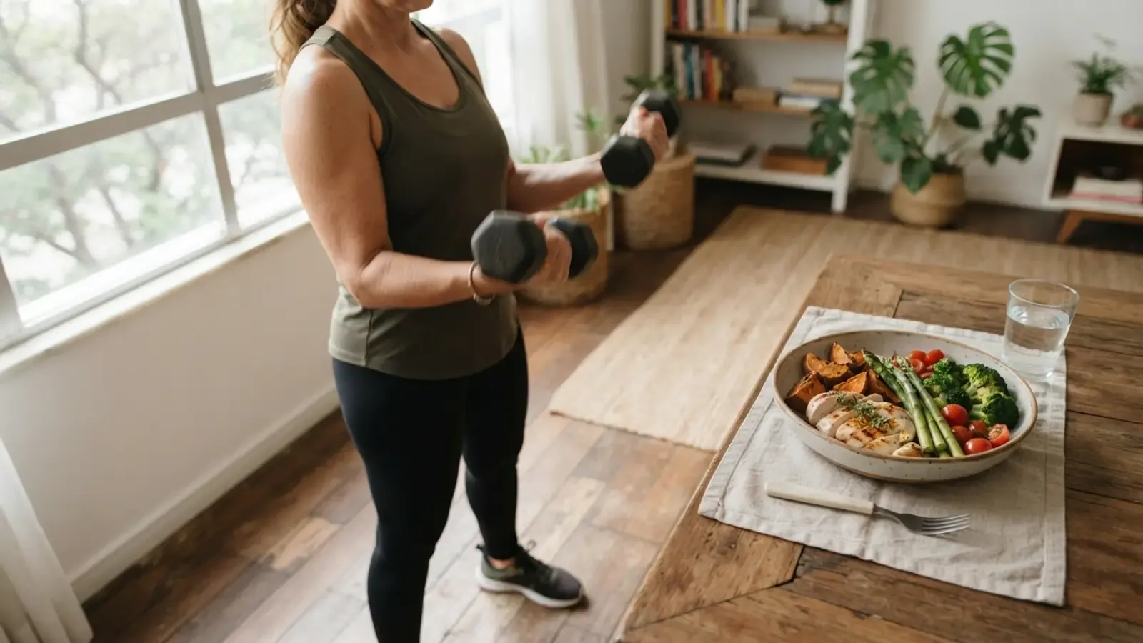 Pessoa praticando exercício com halteres ao lado de uma refeição saudável com proteína e vegetais sobre uma mesa.