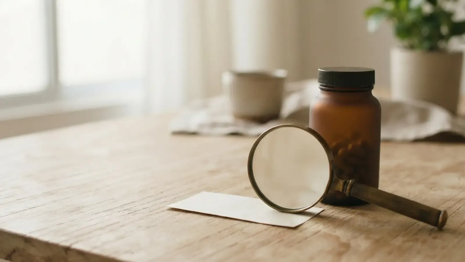 Lupa sobre um rótulo em branco ao lado de um frasco de suplemento em uma mesa de madeira.