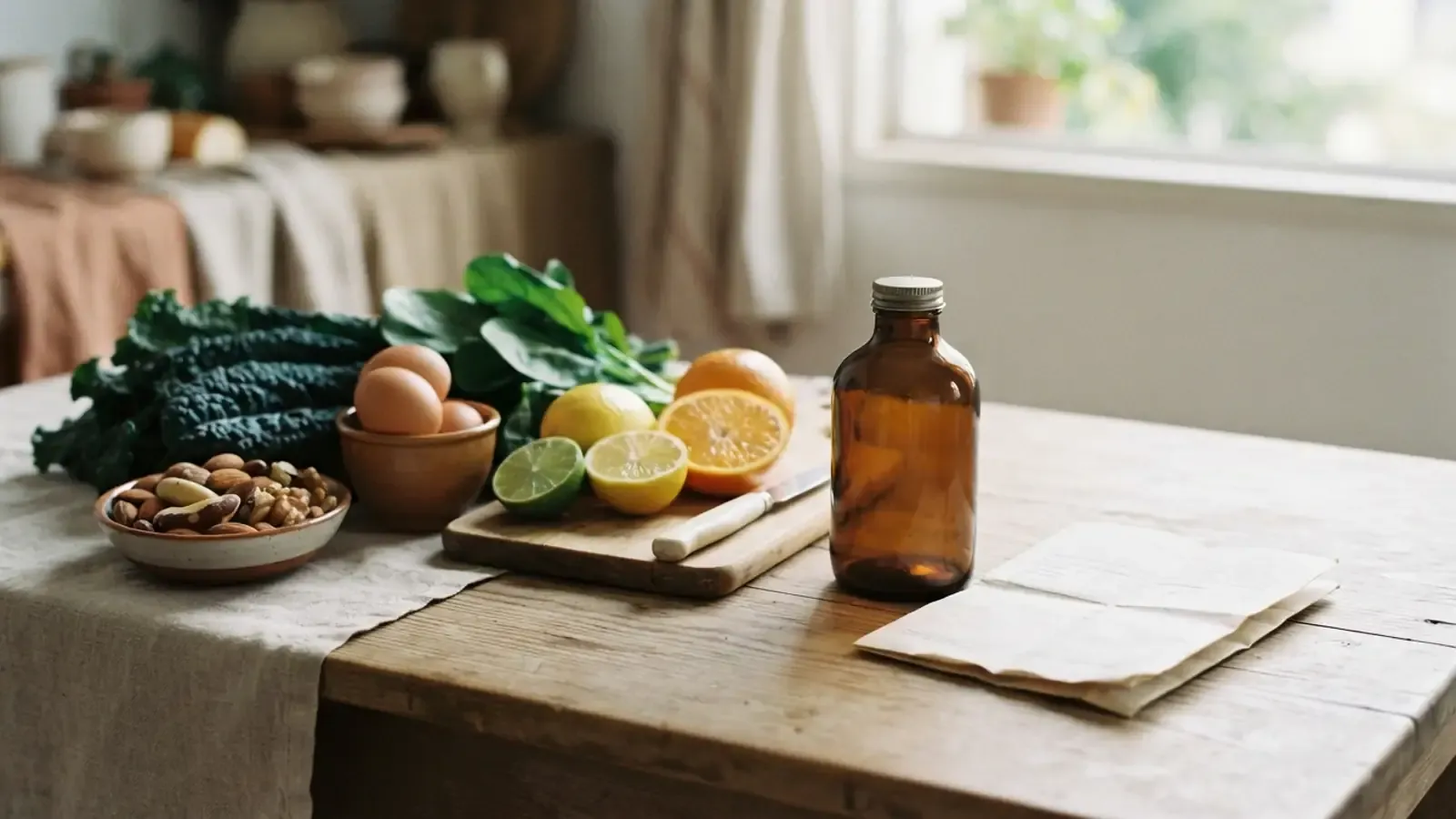 Alimentos naturais dispostos ao lado de um frasco vazio e um pedido de exame médico sobre uma mesa de madeira.