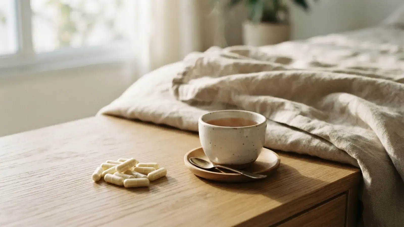 Cápsulas de suplemento ao lado de uma xícara de chá fumegante em uma mesa de madeira sob luz suave e natural.