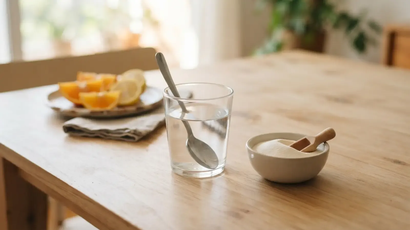 Copo com água, pó de colágeno e fatias de frutas cítricas sobre uma mesa de madeira iluminada pela luz do sol.