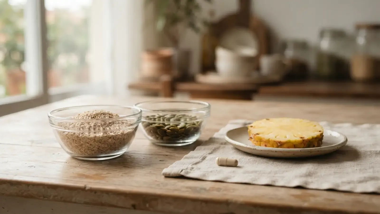 Alimentos naturais em potes de vidro ao lado de uma única cápsula sobre uma mesa de madeira.