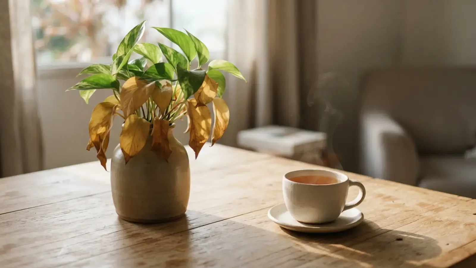 Planta com folhas em transição de cor e xícara fumegante sobre mesa de madeira sob luz suave de entardecer.