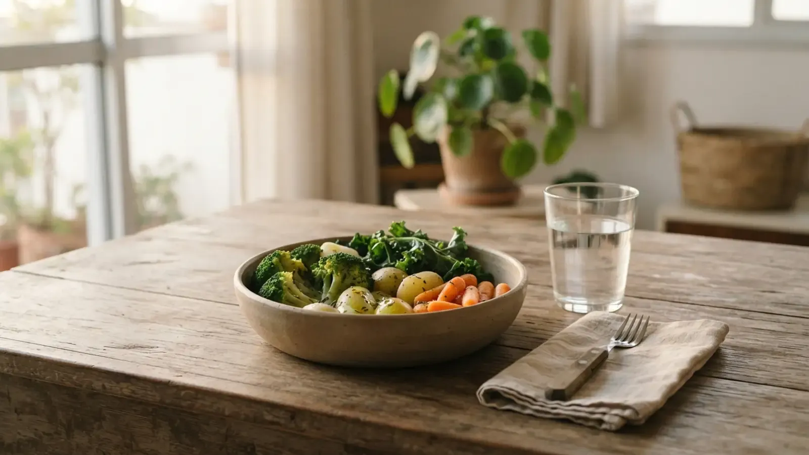 Vegetais frescos e um copo d'água sobre uma mesa de madeira, simbolizando alimentação saudável e rotina equilibrada.