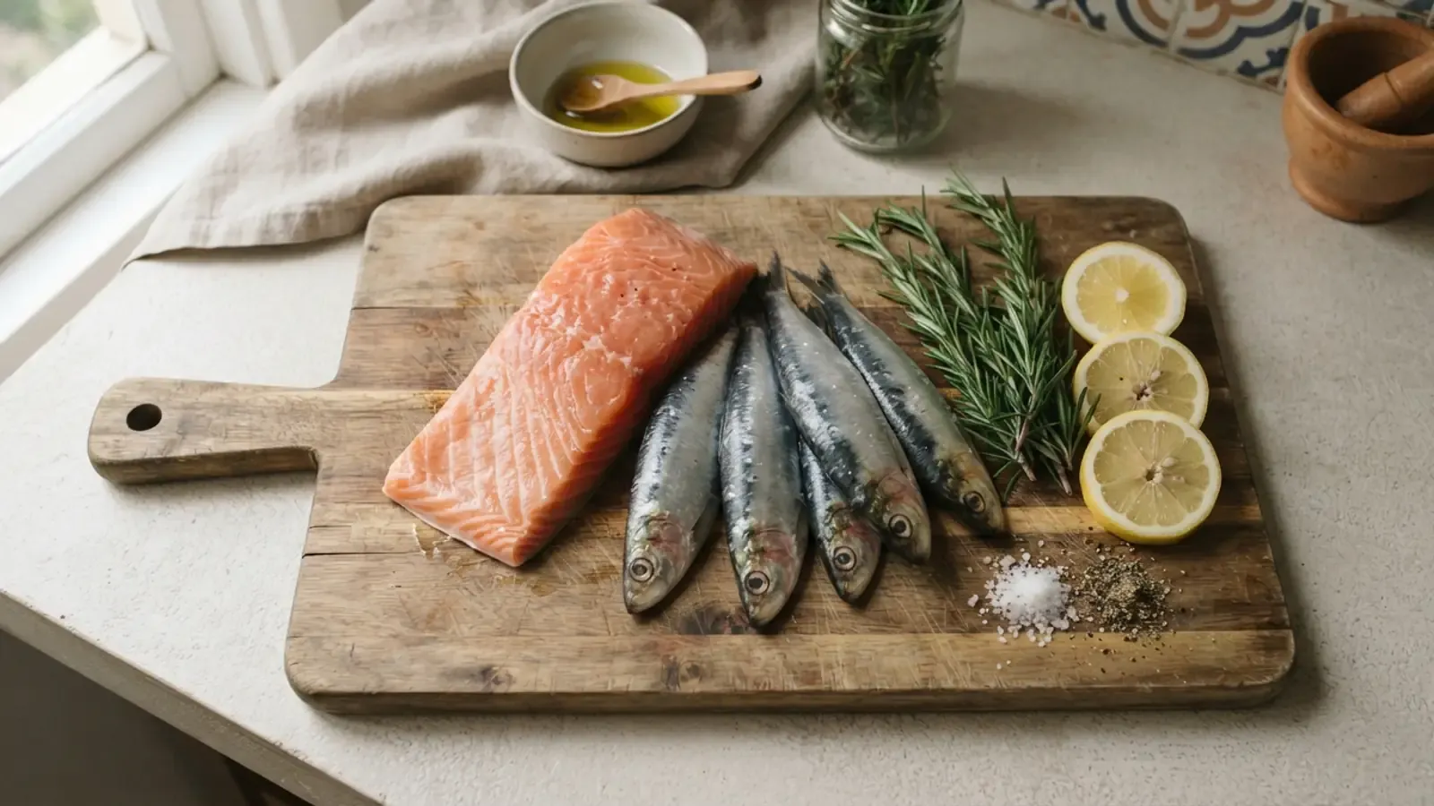 Filés de salmão e sardinhas frescas dispostos sobre uma tábua de madeira com limões e ervas.