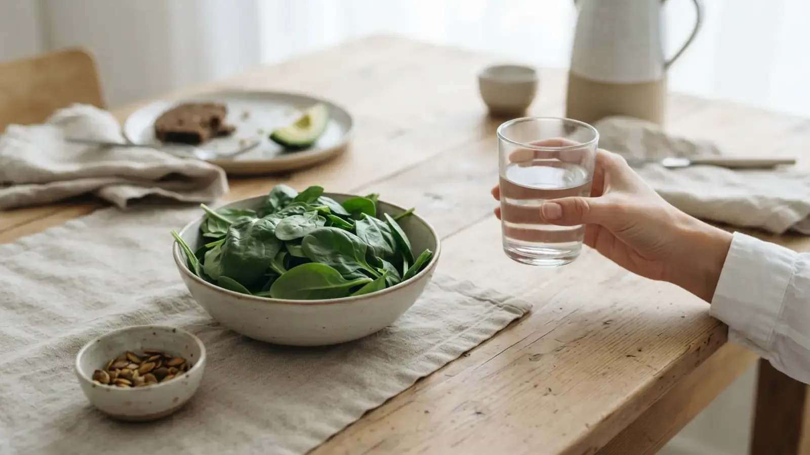 Mãos segurando um copo de água ao lado de alimentos naturais como espinafre e sementes em uma mesa de madeira.