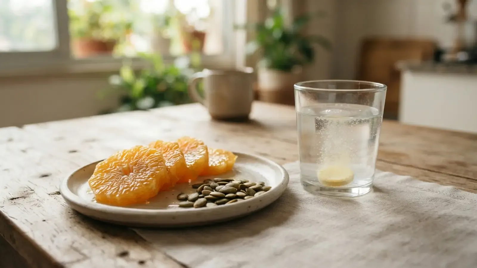 Fatias de laranja, sementes de abóbora e um copo com água e comprimido efervescente sobre mesa de madeira.